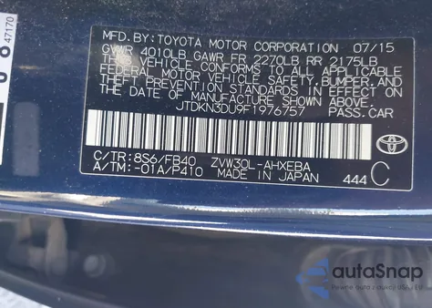 2015 Toyota Prius Two from USA, damaged, VIN JTDKN3DU9F1976757